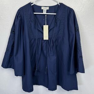 Calypso St. Barth Tunic Blouse Womens 2X Navy Eyelet Peasant 3/4 Sleeve